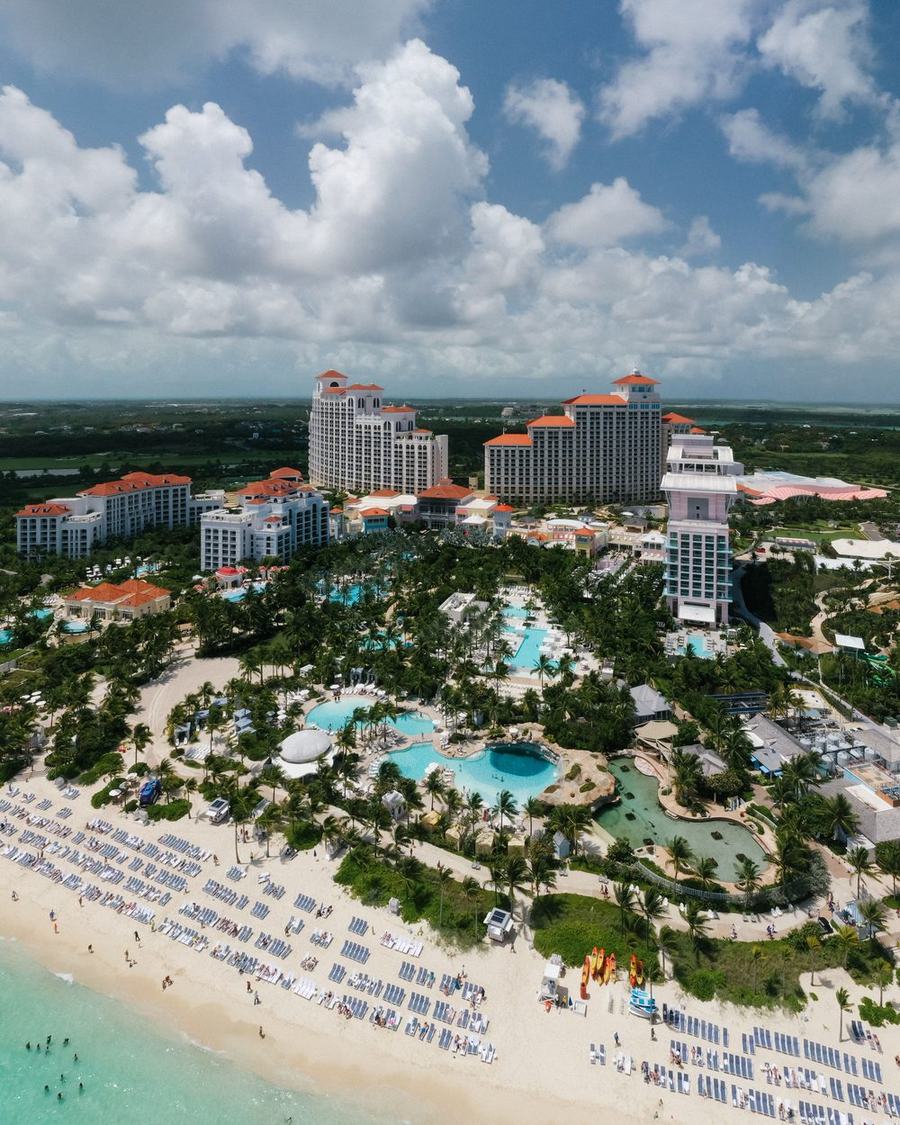 Aerial view of the Baha Mar resort towers, pools, and beach on Cable Beach, Nassau
