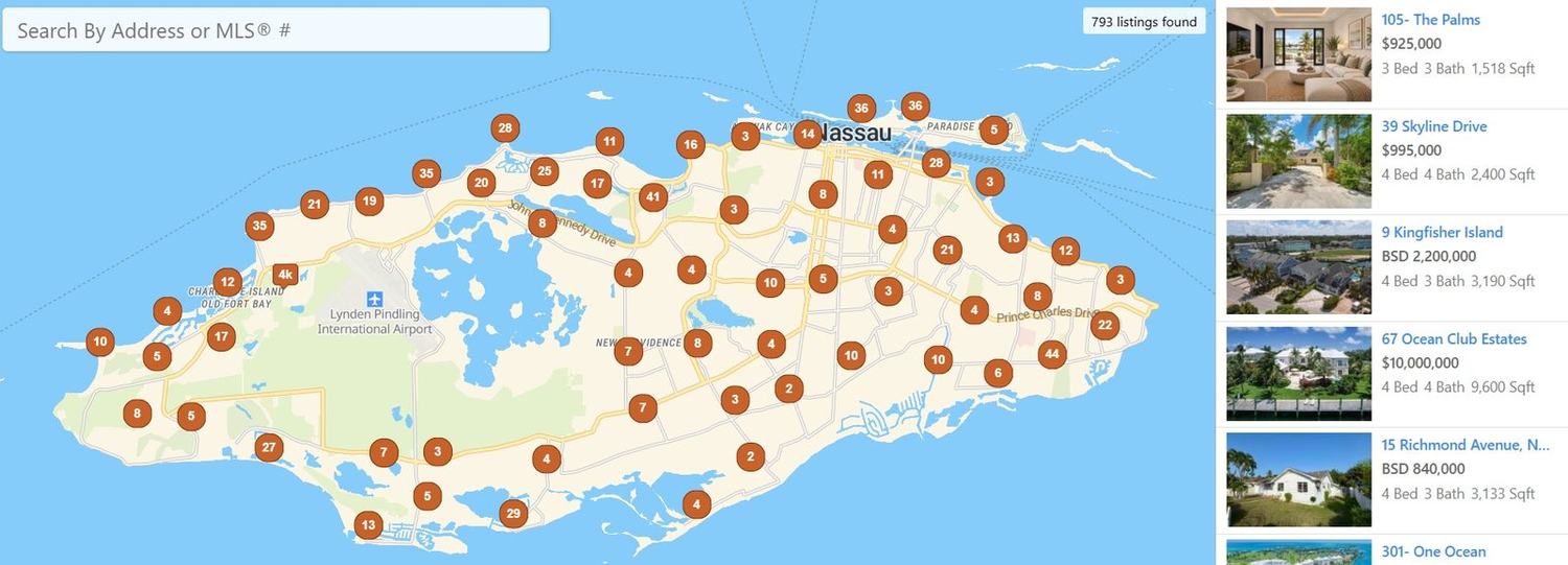 Map of New Providence with clustered property listings and a list of homes for sale beside it